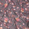 Dusty Mauve Base Coral and Peach Iris Floral Printed Pure Silk Chiffon Fabric, 110 Cms Width, Made in South Korea-D24005
