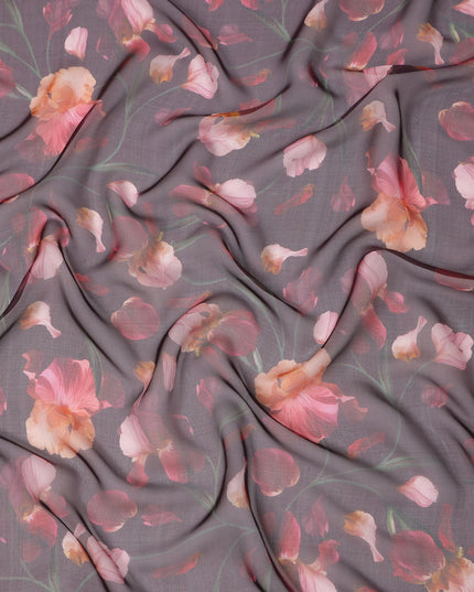 Dusty Mauve Base Coral and Peach Iris Floral Printed Pure Silk Chiffon Fabric, 110 Cms Width, Made in South Korea-D24005
