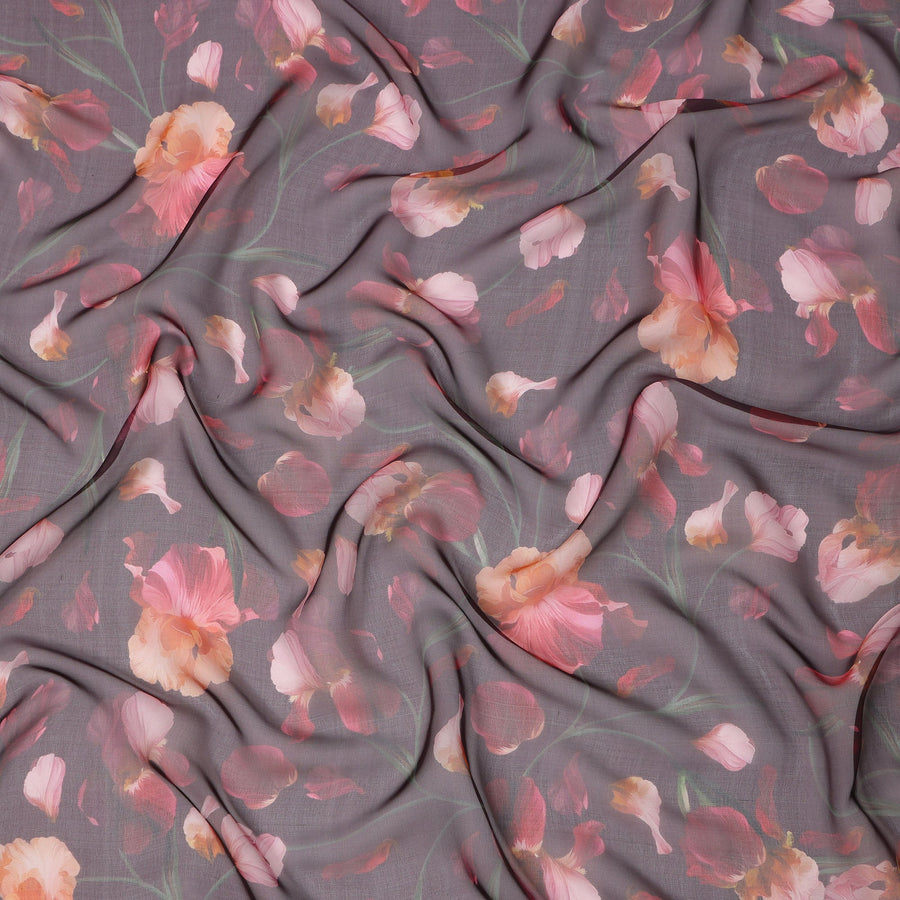 Dusty Mauve Base Coral and Peach Iris Floral Printed Pure Silk Chiffon Fabric, 110 Cms Width, Made in South Korea-D24005