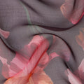 Dusty Mauve Base Coral and Peach Iris Floral Printed Pure Silk Chiffon Fabric, 110 Cms Width, Made in South Korea-D24005