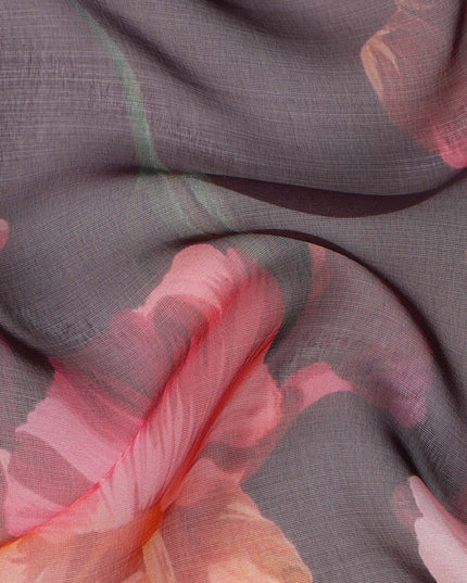 Dusty Mauve Base Coral and Peach Iris Floral Printed Pure Silk Chiffon Fabric, 110 Cms Width, Made in South Korea-D24005