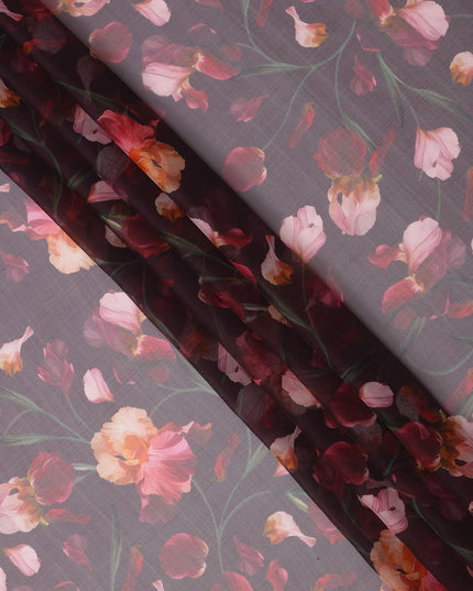 Dusty Mauve Base Coral and Peach Iris Floral Printed Pure Silk Chiffon Fabric, 110 Cms Width, Made in South Korea-D24005