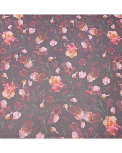 Dusty Mauve Base Coral and Peach Iris Floral Printed Pure Silk Chiffon Fabric, 110 Cms Width, Made in South Korea-D24005
