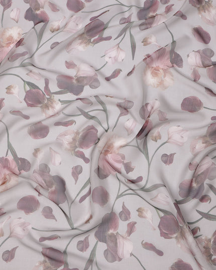 Dusty Lilac Base Mauve and Cream Floral Printed Pure Silk Chiffon Fabric, 110 Cms Width, Made in South Korea
-D24006