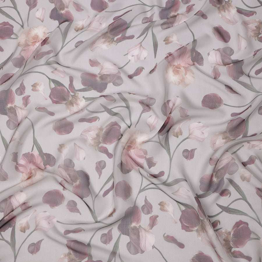 Dusty Lilac Base Mauve and Cream Floral Printed Pure Silk Chiffon Fabric, 110 Cms Width, Made in South Korea
-D24006