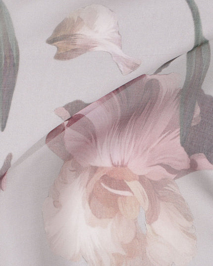 Dusty Lilac Base Mauve and Cream Floral Printed Pure Silk Chiffon Fabric, 110 Cms Width, Made in South Korea
-D24006