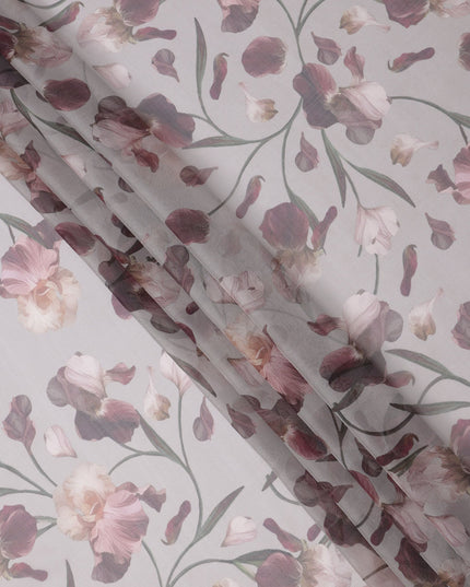 Dusty Lilac Base Mauve and Cream Floral Printed Pure Silk Chiffon Fabric, 110 Cms Width, Made in South Korea
-D24006