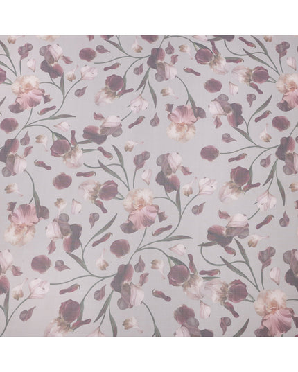 Dusty Lilac Base Mauve and Cream Floral Printed Pure Silk Chiffon Fabric, 110 Cms Width, Made in South Korea
-D24006