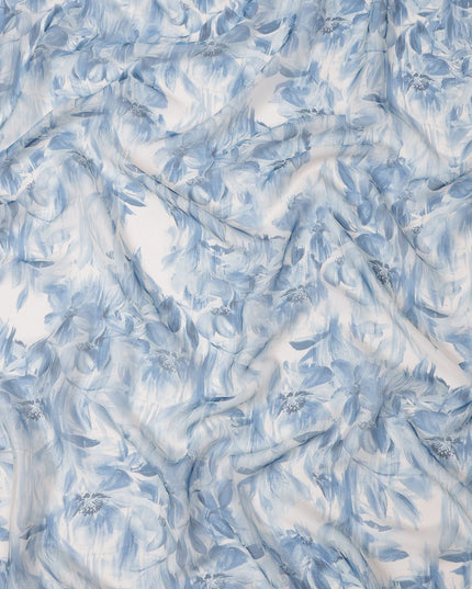 White Base Monochrome Blue Floral Brushstroke Printed Pure Silk Chiffon Fabric, 110 Cms Width, Made in South Korea-D24008