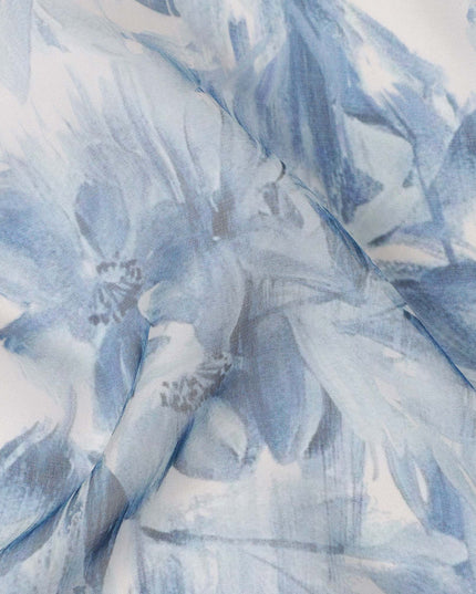 White Base Monochrome Blue Floral Brushstroke Printed Pure Silk Chiffon Fabric, 110 Cms Width, Made in South Korea-D24008