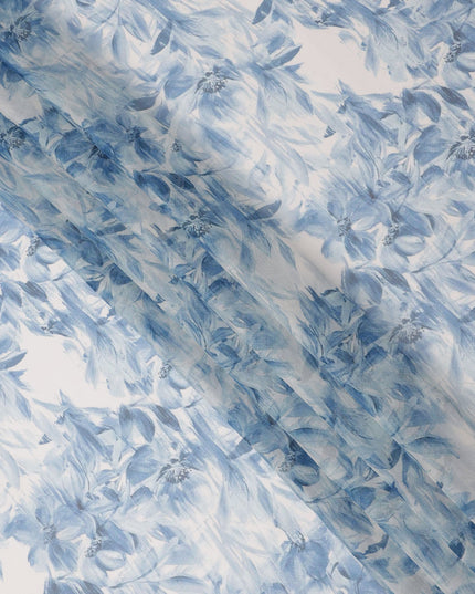 White Base Monochrome Blue Floral Brushstroke Printed Pure Silk Chiffon Fabric, 110 Cms Width, Made in South Korea-D24008