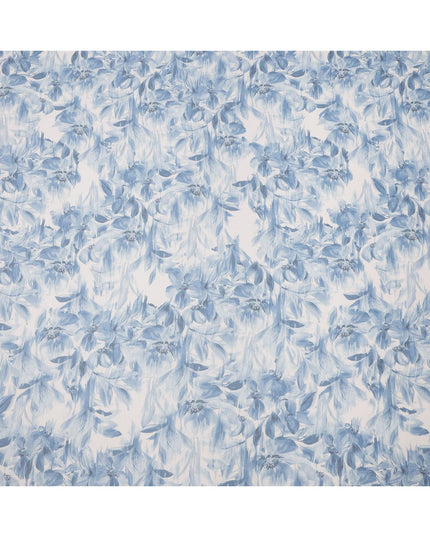 White Base Monochrome Blue Floral Brushstroke Printed Pure Silk Chiffon Fabric, 110 Cms Width, Made in South Korea-D24008