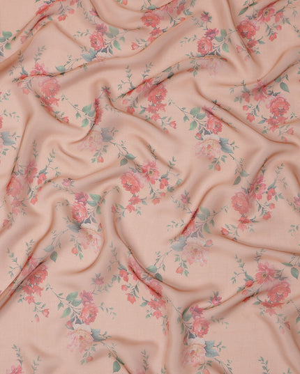 Peach Base Vintage Rose Vine Printed Pure Silk Chiffon Fabric, 110 Cms Width, Made in South Korea-D24009