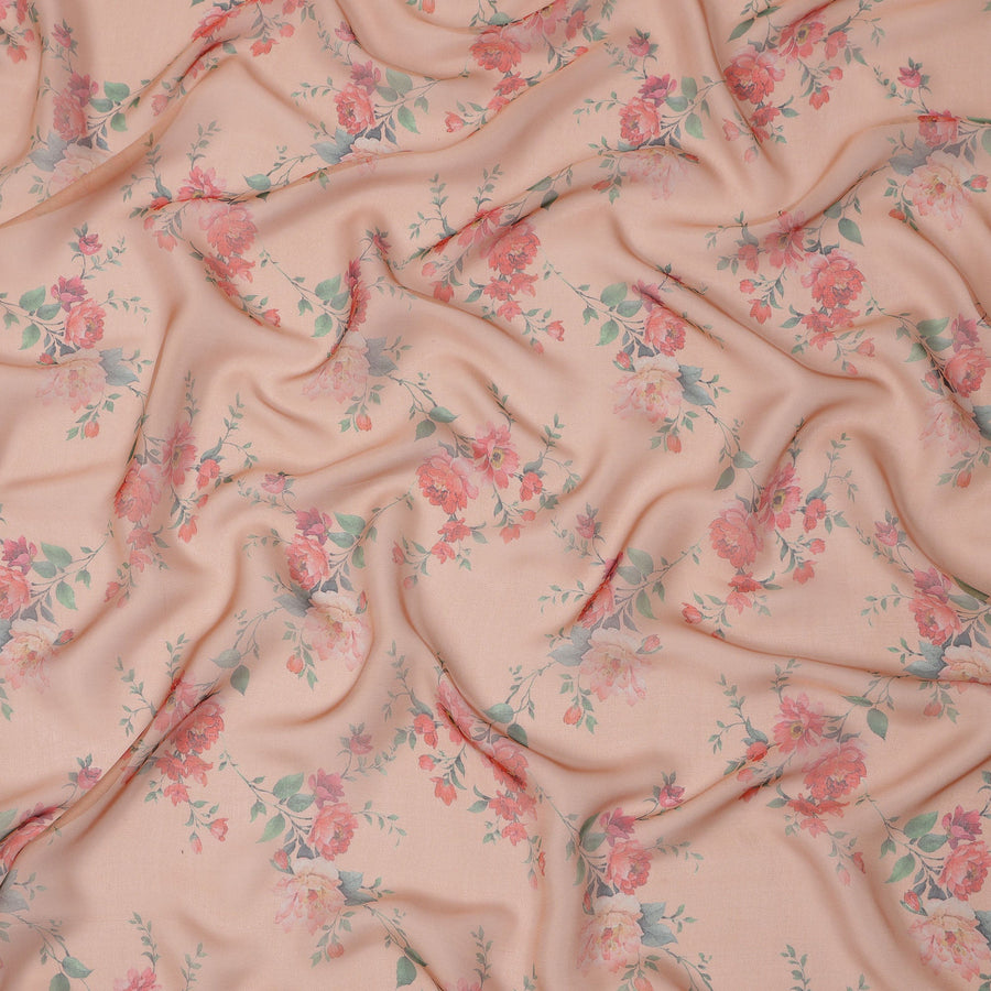 Peach Base Vintage Rose Vine Printed Pure Silk Chiffon Fabric, 110 Cms Width, Made in South Korea-D24009