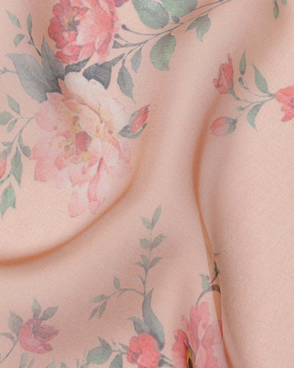 Peach Base Vintage Rose Vine Printed Pure Silk Chiffon Fabric, 110 Cms Width, Made in South Korea-D24009