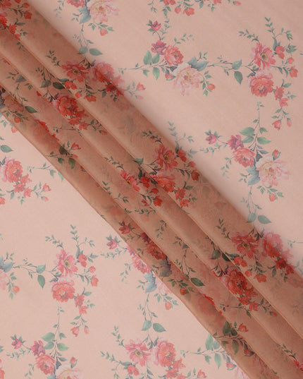 Peach Base Vintage Rose Vine Printed Pure Silk Chiffon Fabric, 110 Cms Width, Made in South Korea-D24009