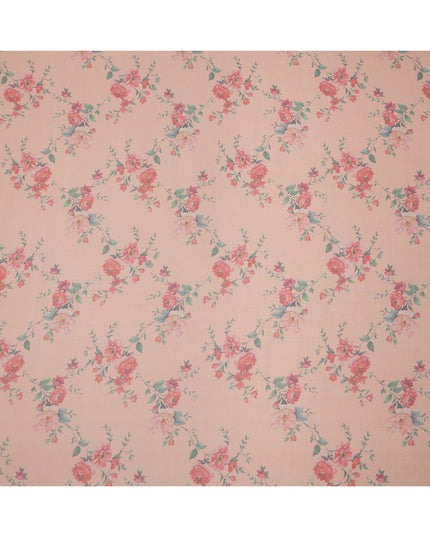 Peach Base Vintage Rose Vine Printed Pure Silk Chiffon Fabric, 110 Cms Width, Made in South Korea-D24009