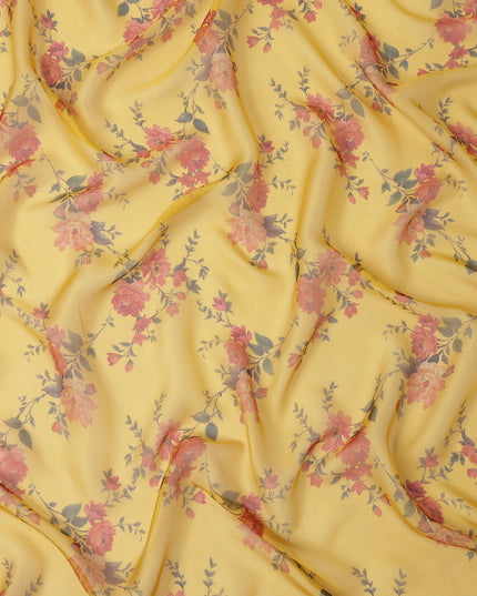 Yellow Base Vintage Rose Vine Printed Pure Silk Chiffon Fabric, 110 Cms Width, Made in South Korea-D24010