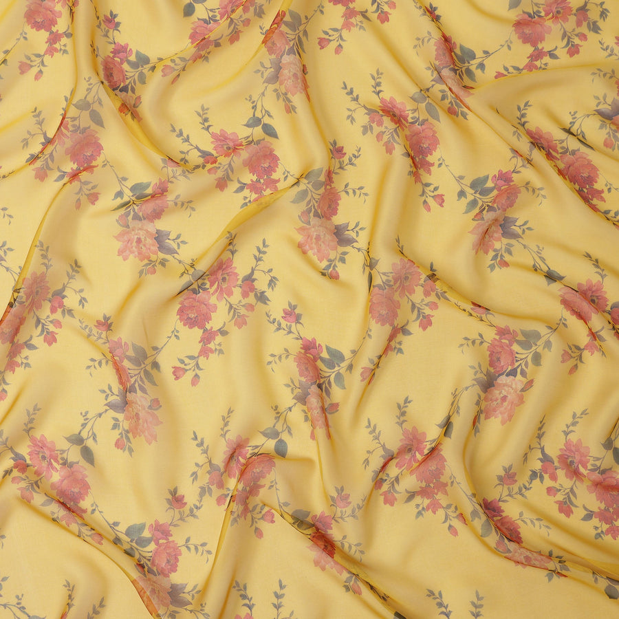 Yellow Base Vintage Rose Vine Printed Pure Silk Chiffon Fabric, 110 Cms Width, Made in South Korea-D24010