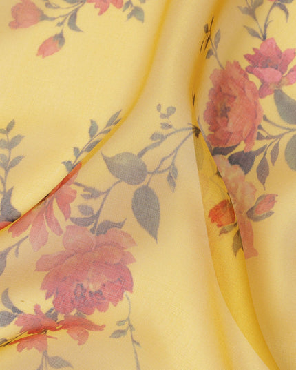 Yellow Base Vintage Rose Vine Printed Pure Silk Chiffon Fabric, 110 Cms Width, Made in South Korea-D24010