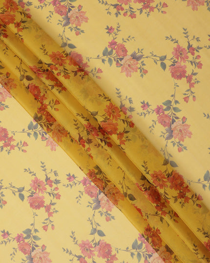 Yellow Base Vintage Rose Vine Printed Pure Silk Chiffon Fabric, 110 Cms Width, Made in South Korea-D24010