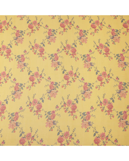 Yellow Base Vintage Rose Vine Printed Pure Silk Chiffon Fabric, 110 Cms Width, Made in South Korea-D24010