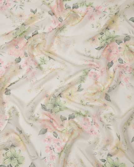 Ivory Base Soft Pastel Oversized Floral Printed Pure Silk Chiffon Fabric, 110 Cms Width, Made in South Korea-D24011
