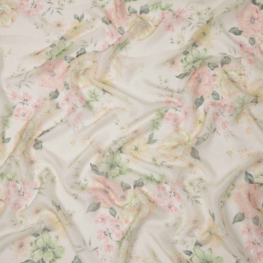 Ivory Base Soft Pastel Oversized Floral Printed Pure Silk Chiffon Fabric, 110 Cms Width, Made in South Korea-D24011