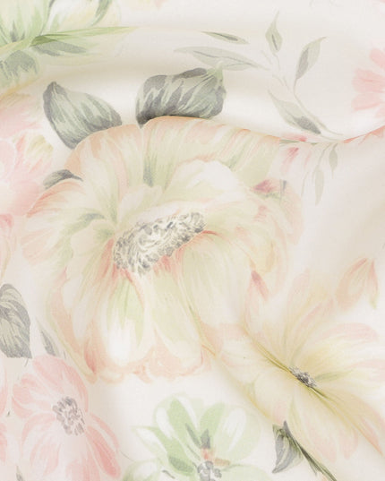 Ivory Base Soft Pastel Oversized Floral Printed Pure Silk Chiffon Fabric, 110 Cms Width, Made in South Korea-D24011
