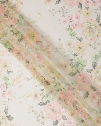 Ivory Base Soft Pastel Oversized Floral Printed Pure Silk Chiffon Fabric, 110 Cms Width, Made in South Korea-D24011