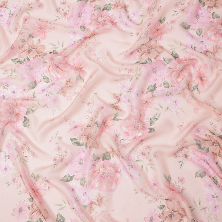 Blush Pink Base Bloom Cluster Floral Printed Pure Silk Chiffon Fabric, 110 Cms Width, Made in South Korea-D24012