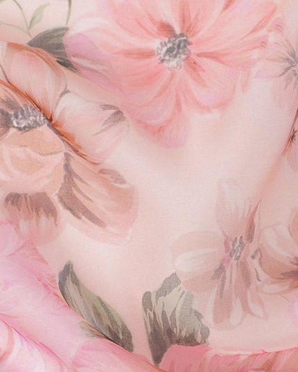 Blush Pink Base Bloom Cluster Floral Printed Pure Silk Chiffon Fabric, 110 Cms Width, Made in South Korea-D24012