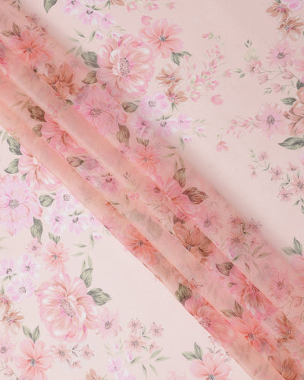 Blush Pink Base Bloom Cluster Floral Printed Pure Silk Chiffon Fabric, 110 Cms Width, Made in South Korea-D24012