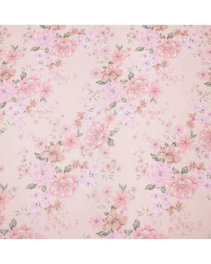 Blush Pink Base Bloom Cluster Floral Printed Pure Silk Chiffon Fabric, 110 Cms Width, Made in South Korea-D24012