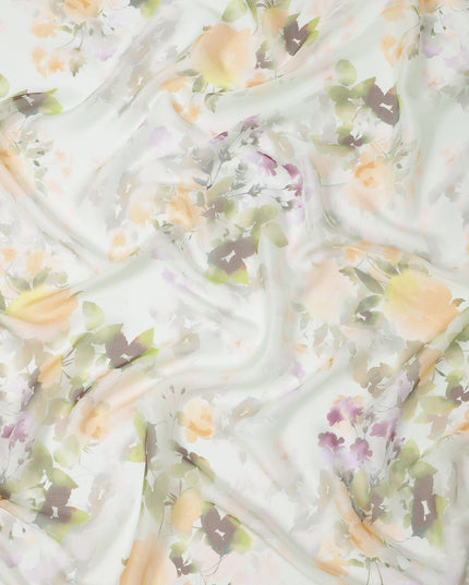Mint Green Base Soft Blurred Botanical Floral Printed Pure Silk Chiffon Fabric, 110 Cms Width, Made in South Korea-D24013