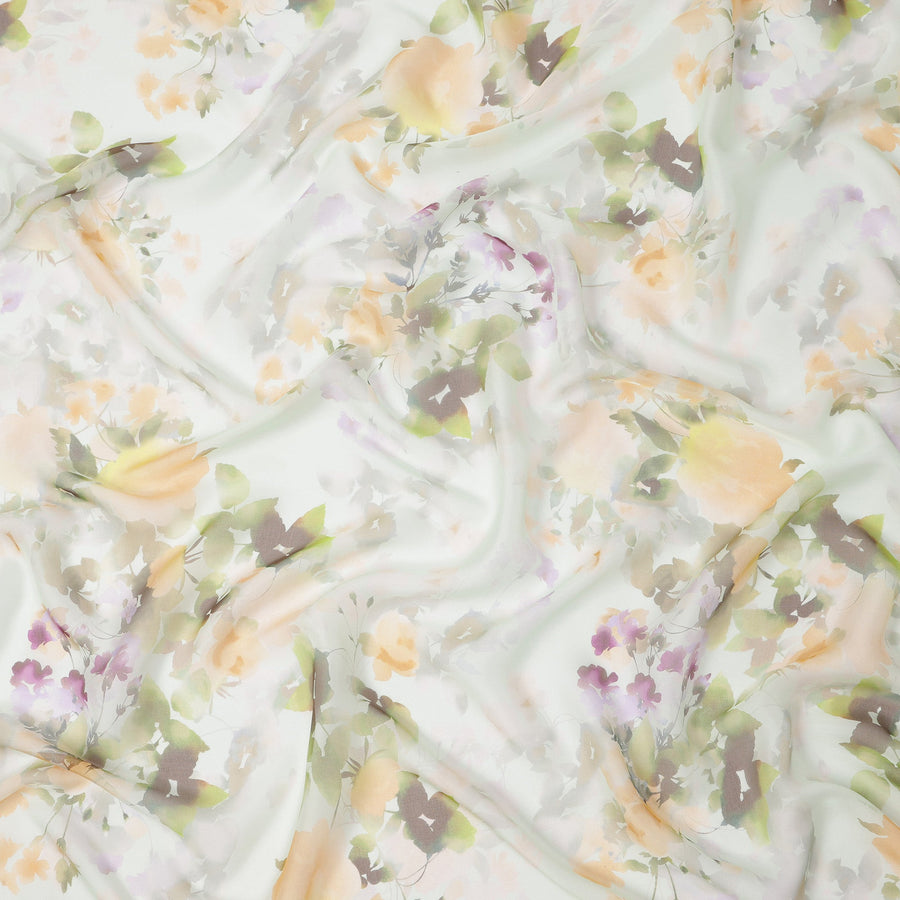 Mint Green Base Soft Blurred Botanical Floral Printed Pure Silk Chiffon Fabric, 110 Cms Width, Made in South Korea-D24013