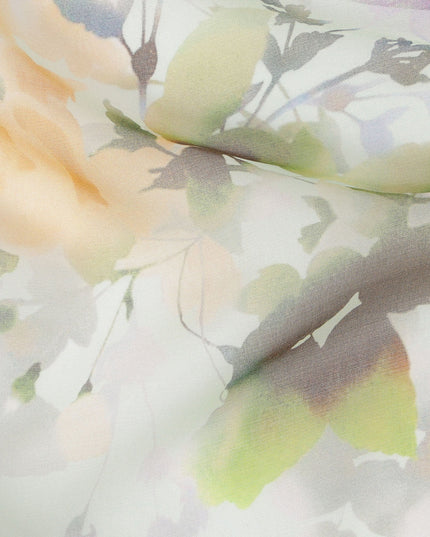Mint Green Base Soft Blurred Botanical Floral Printed Pure Silk Chiffon Fabric, 110 Cms Width, Made in South Korea-D24013