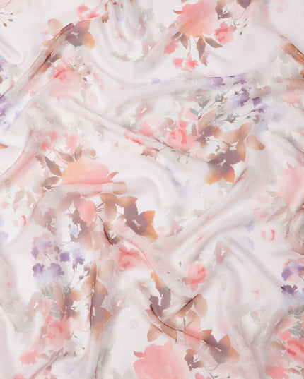 Blush White Base Rose Garden Blurred Floral Printed Pure Silk Chiffon Fabric, 110 Cms Width, Made in South Korea-D24014