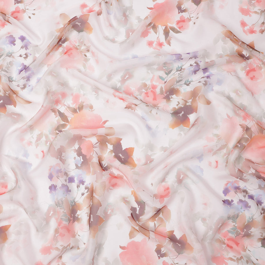 Blush White Base Rose Garden Blurred Floral Printed Pure Silk Chiffon Fabric, 110 Cms Width, Made in South Korea-D24014