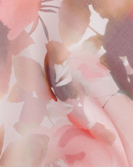 Blush White Base Rose Garden Blurred Floral Printed Pure Silk Chiffon Fabric, 110 Cms Width, Made in South Korea-D24014