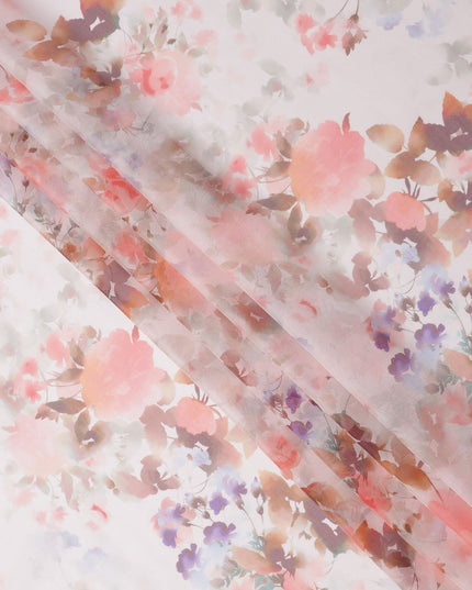 Blush White Base Rose Garden Blurred Floral Printed Pure Silk Chiffon Fabric, 110 Cms Width, Made in South Korea-D24014