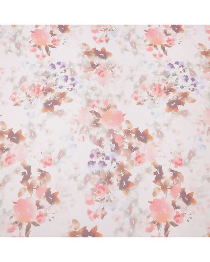 Blush White Base Rose Garden Blurred Floral Printed Pure Silk Chiffon Fabric, 110 Cms Width, Made in South Korea-D24014