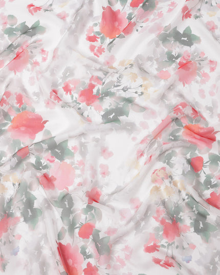 White Base Crimson Rose & Leaf Cluster Printed Pure Silk Chiffon Fabric, 110 Cms Width, Made in South Korea-D24015