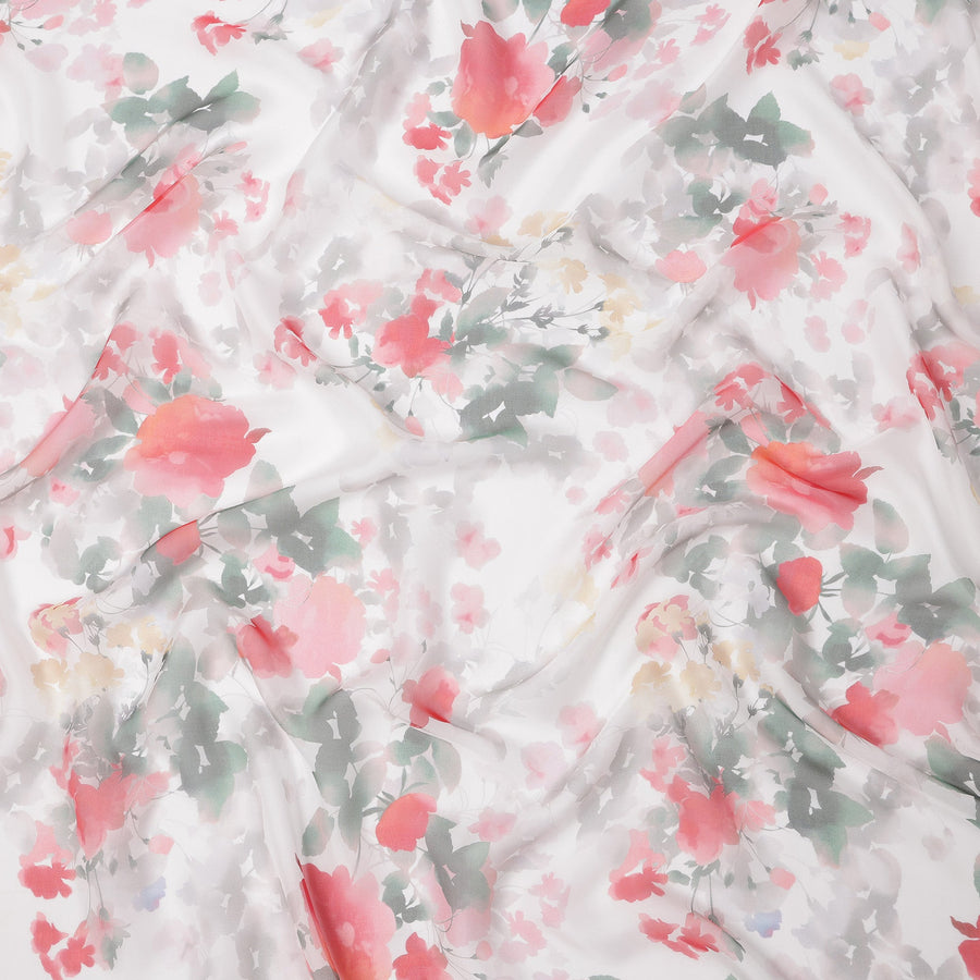 White Base Crimson Rose & Leaf Cluster Printed Pure Silk Chiffon Fabric, 110 Cms Width, Made in South Korea-D24015