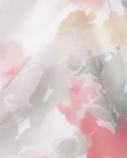 White Base Crimson Rose & Leaf Cluster Printed Pure Silk Chiffon Fabric, 110 Cms Width, Made in South Korea-D24015