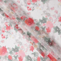 White Base Crimson Rose & Leaf Cluster Printed Pure Silk Chiffon Fabric, 110 Cms Width, Made in South Korea-D24015