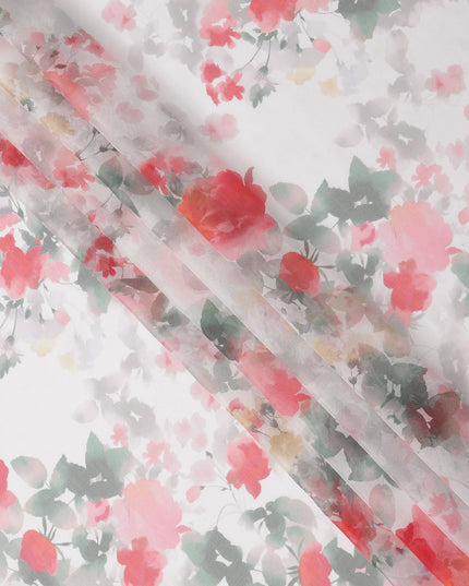 White Base Crimson Rose & Leaf Cluster Printed Pure Silk Chiffon Fabric, 110 Cms Width, Made in South Korea-D24015