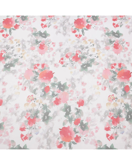 White Base Crimson Rose & Leaf Cluster Printed Pure Silk Chiffon Fabric, 110 Cms Width, Made in South Korea-D24015
