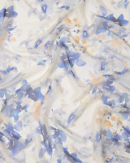 Ivory Base Lavender Blue Floral Mist Printed Pure Silk Chiffon Fabric, 110 Cms Width, Made in South Korea-D24016