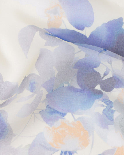 Ivory Base Lavender Blue Floral Mist Printed Pure Silk Chiffon Fabric, 110 Cms Width, Made in South Korea-D24016